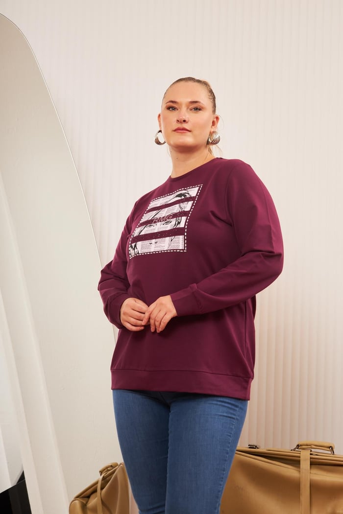 Büyük Beden Baskı ve taş Detay Sweatshirt Mor