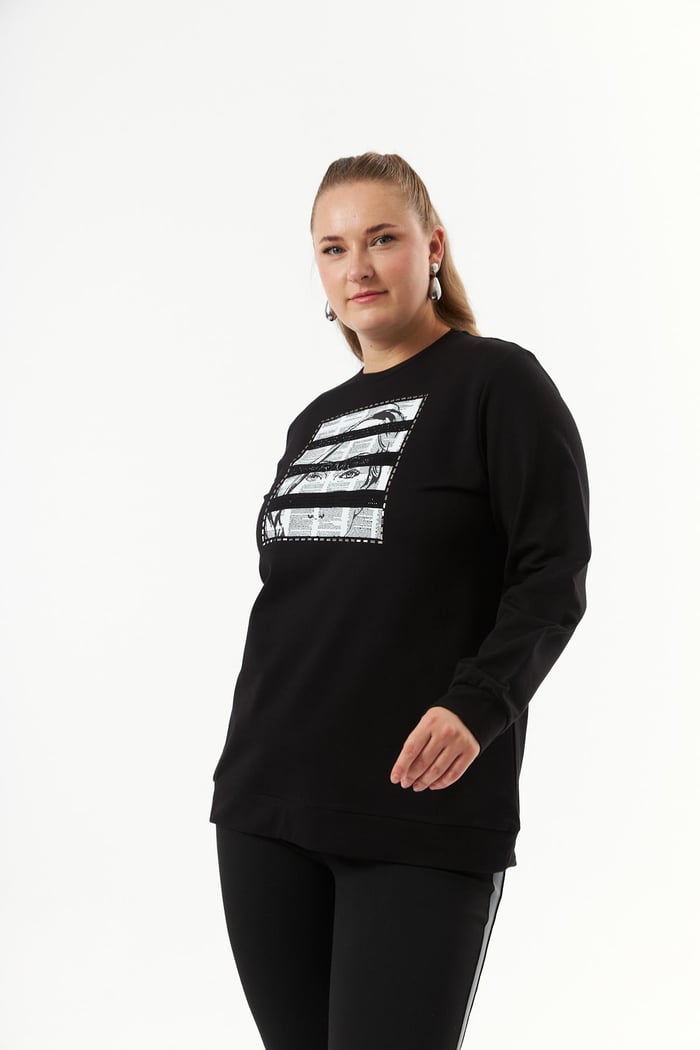 Büyük Beden Baskı ve taş Detay Sweatshirt Siyah