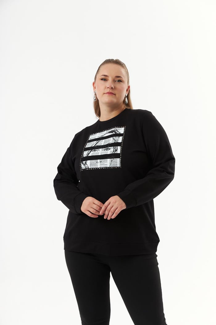 Büyük Beden Baskı ve taş Detay Sweatshirt Siyah