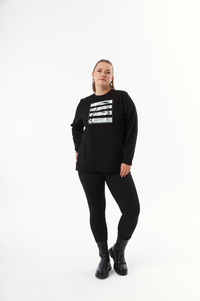 Büyük Beden Baskı ve taş Detay Sweatshirt Siyah