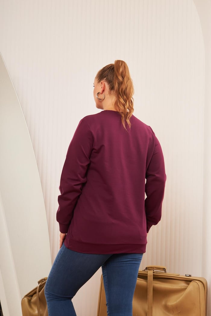 Büyük Beden Baskı ve taş Detay Sweatshirt Mor