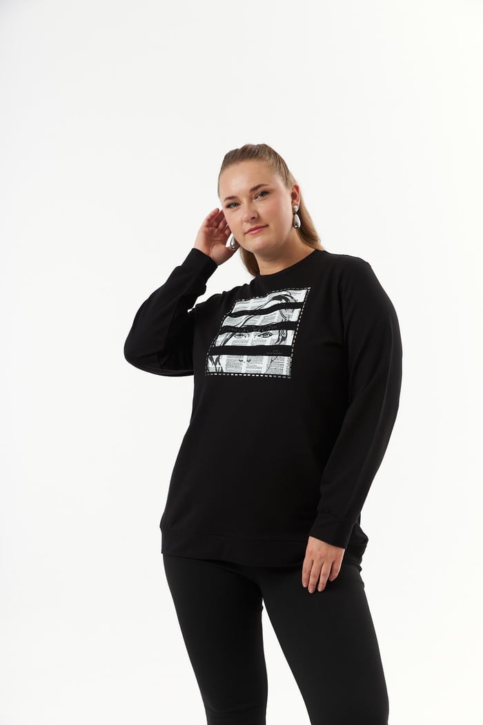 Büyük Beden Baskı ve taş Detay Sweatshirt Siyah