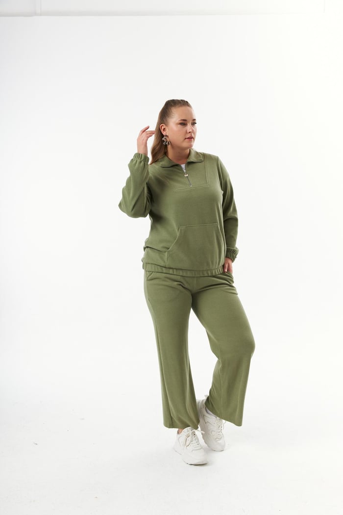 Büyük Beden Yakası Fermuarlı Sweatshirt Haki