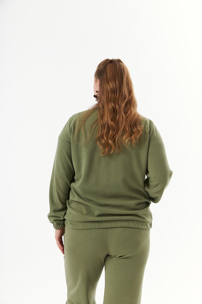 Büyük Beden Yakası Fermuarlı Sweatshirt Haki
