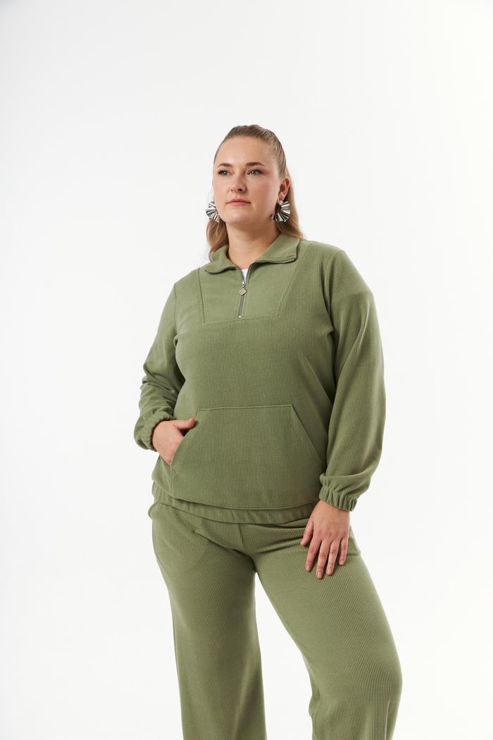 Büyük Beden Yakası Fermuarlı Sweatshirt Haki