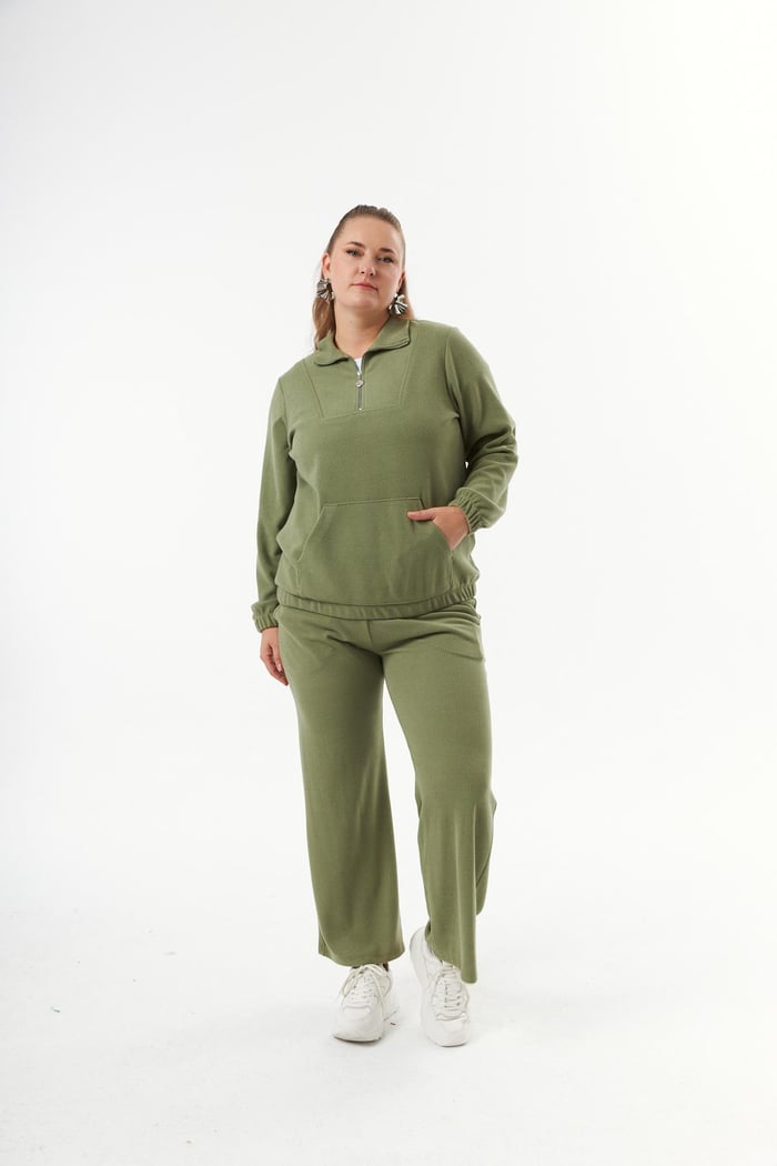 Büyük Beden Yakası Fermuarlı Sweatshirt Haki