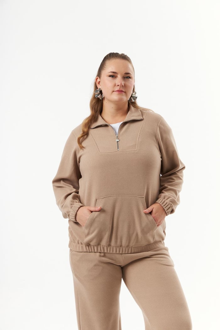 Büyük Beden Yakası Fermuarlı Sweatshirt Vizon