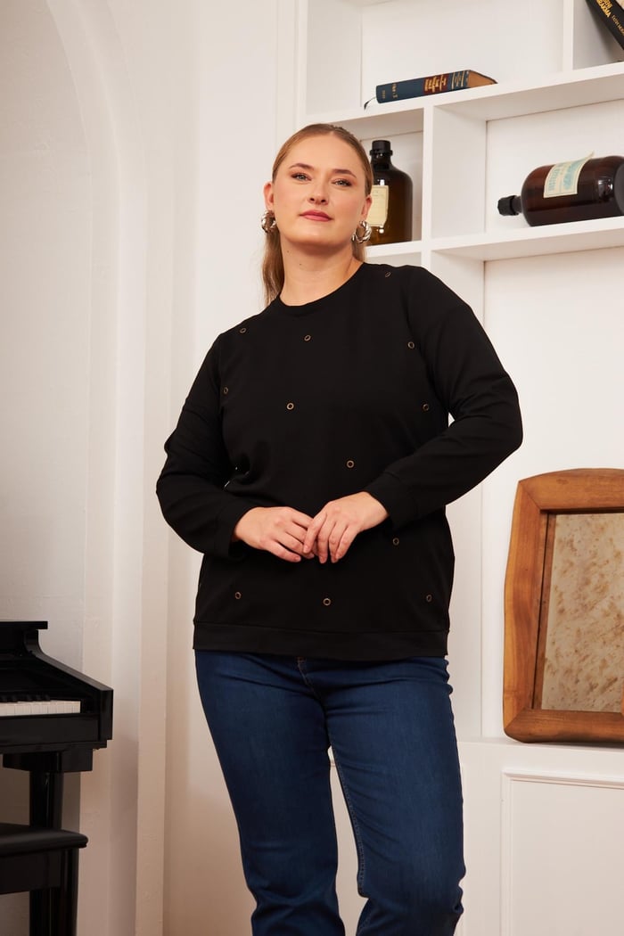 Büyük Beden Taş Baskılı Sweatshirt Siyah