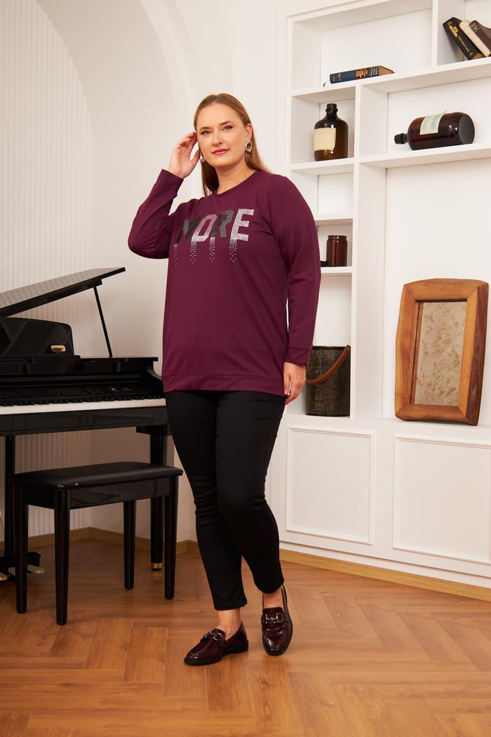 Büyük Beden Taş Baskılı Sweatshirt K.Mor