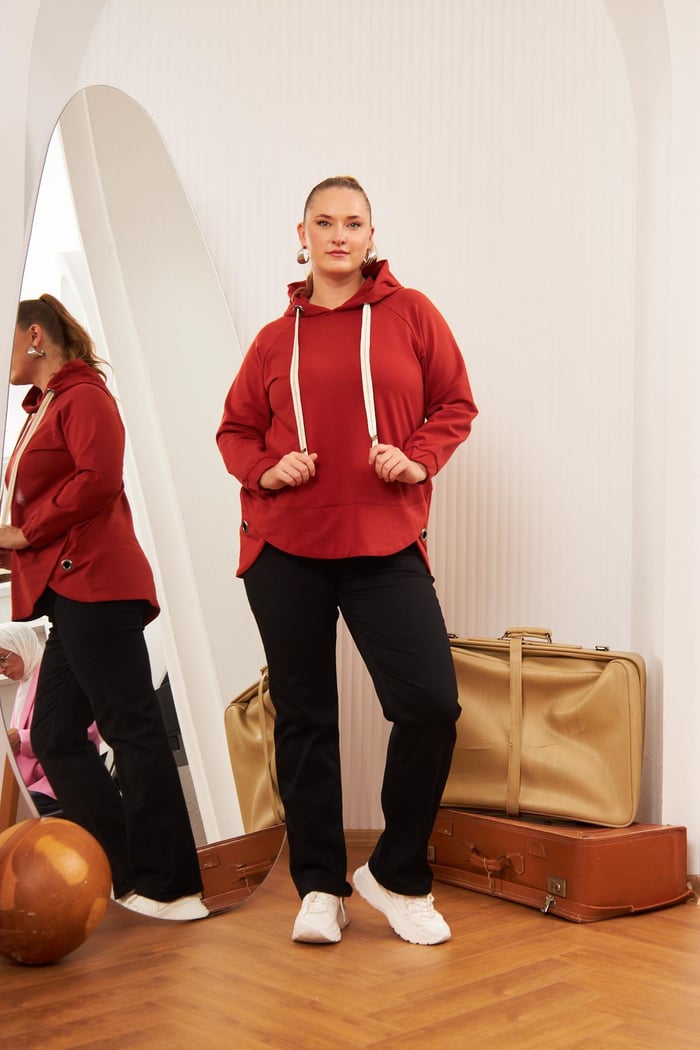Büyük Beden Süslemeli Bağcıklı Kordon Sweatshirt Kiremit