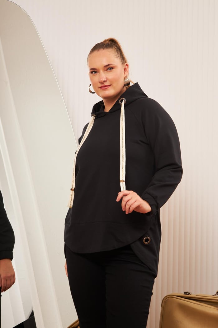 Büyük Beden Süslemeli Bağcıklı Kordon Sweatshirt Mavi
