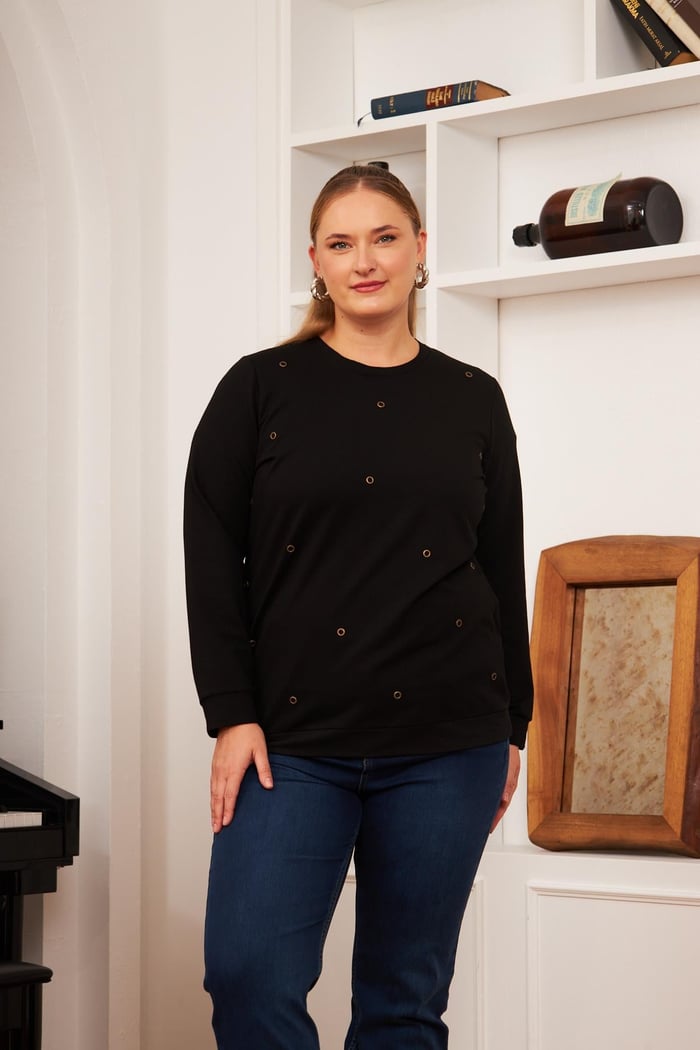 Büyük Beden Taş Baskılı Sweatshirt Siyah