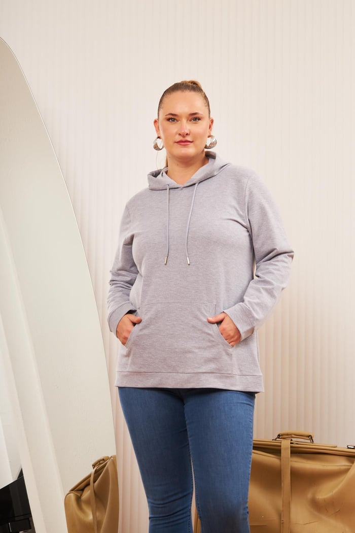 Rmg Kapşonlu Büyük Beden Gri Sweatshirt