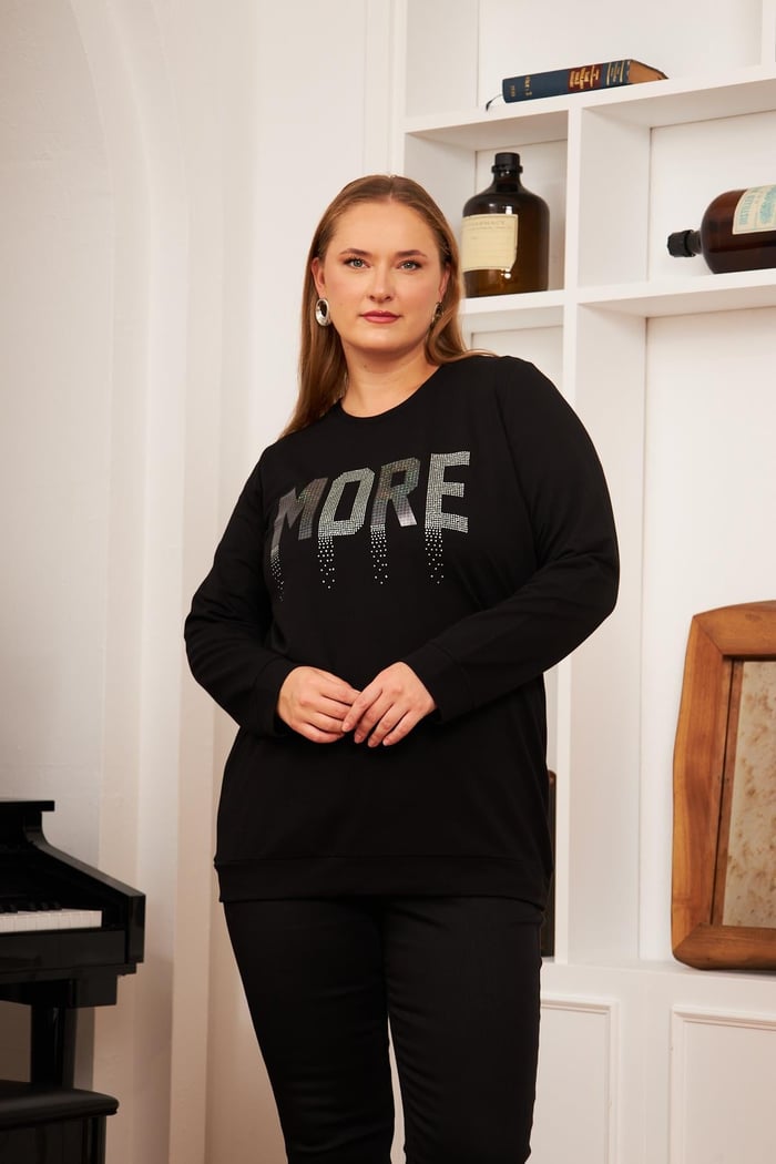 Büyük Beden Taş Baskılı Sweatshirt Siyah