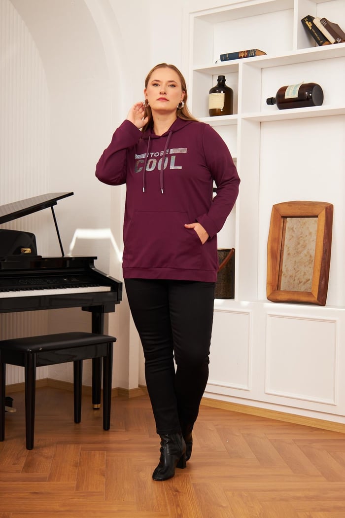 Büyük Beden Taş Baskılı Sweatshirt Koyu Mor