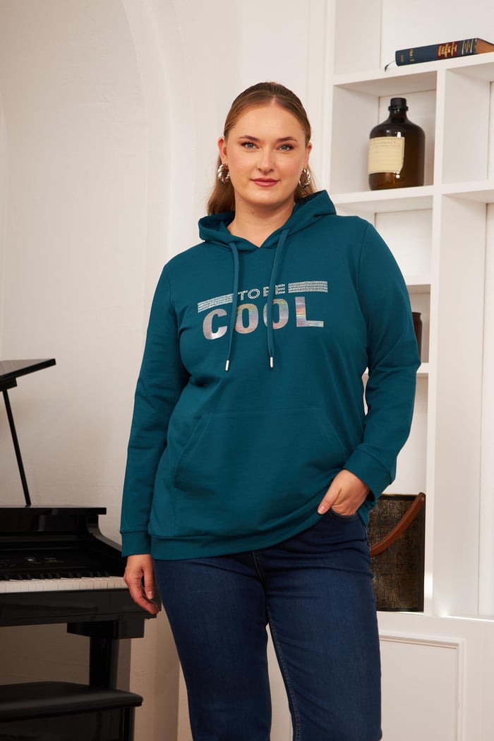 Büyük Beden Cool Taş Baskılı Sweatshirt Koyu Petrol