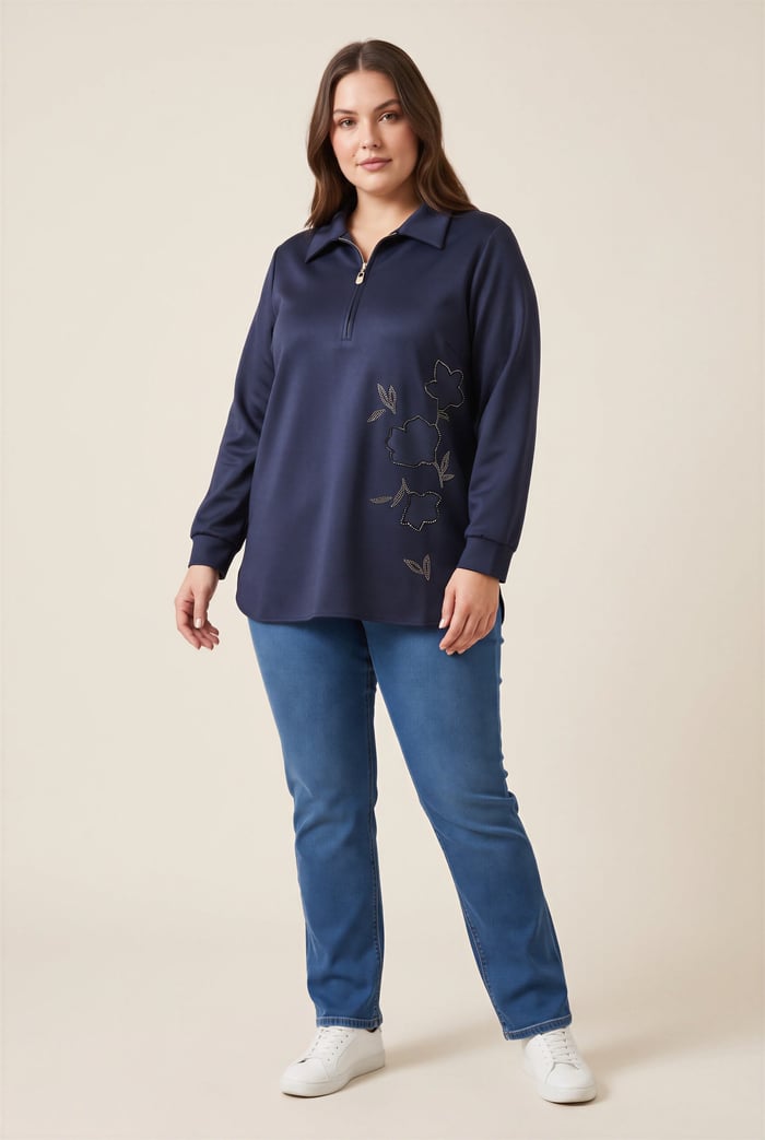 Fermuar Yakalı Taş İşlemeli Büyük Beden Modal Sweatshirt Lacivert - RMG