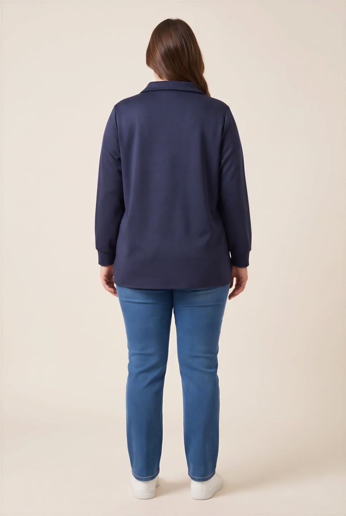 Fermuar Yakalı Taş İşlemeli Büyük Beden Modal Sweatshirt Lacivert - RMG