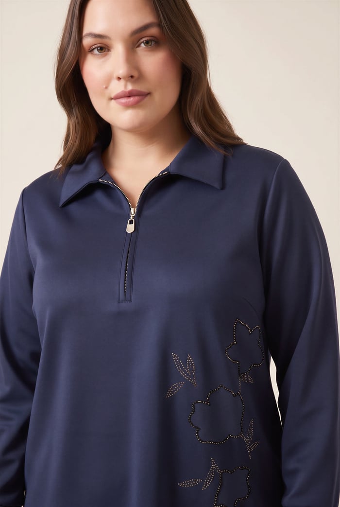Fermuar Yakalı Taş İşlemeli Büyük Beden Modal Sweatshirt Lacivert - RMG