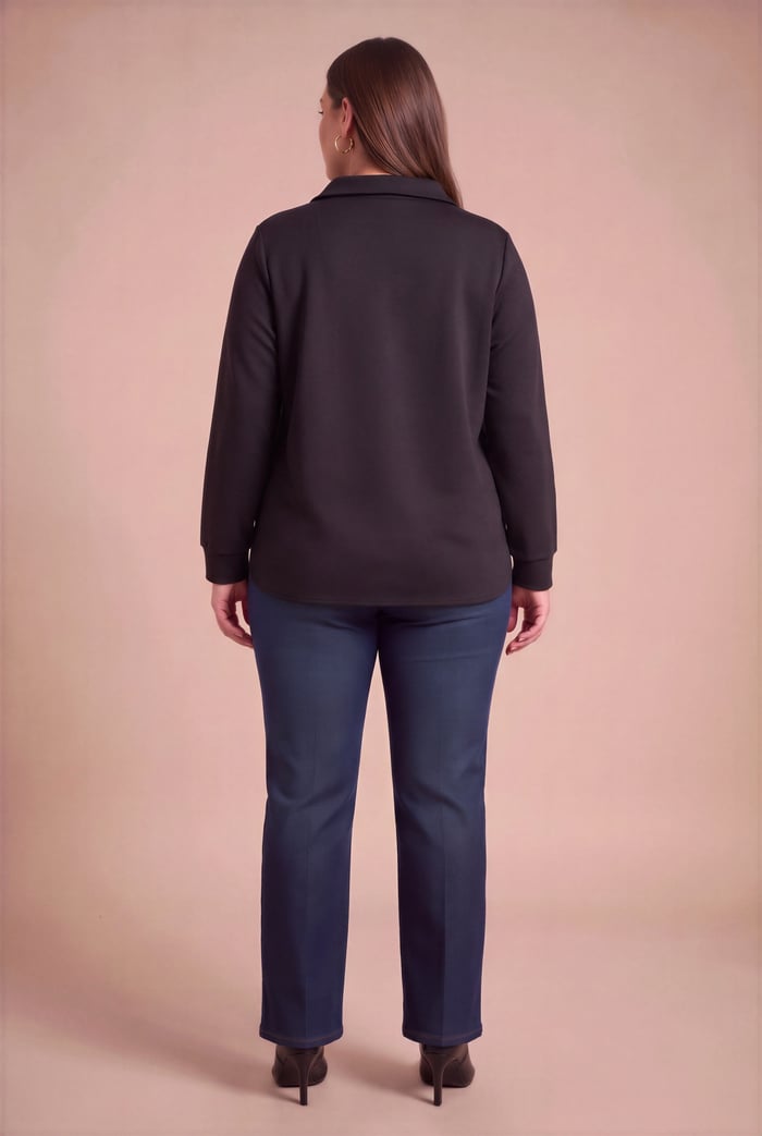 Fermuar Yakalı Taş İşlemeli Büyük Beden Modal Sweatshirt Siyah - RMG