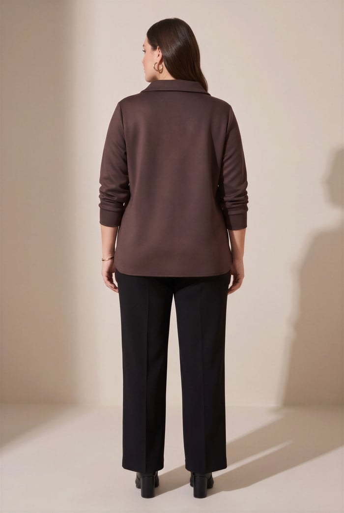 Fermuar Yakalı Taş İşlemeli Büyük Beden Modal Sweatshirt Kahve - RMG
