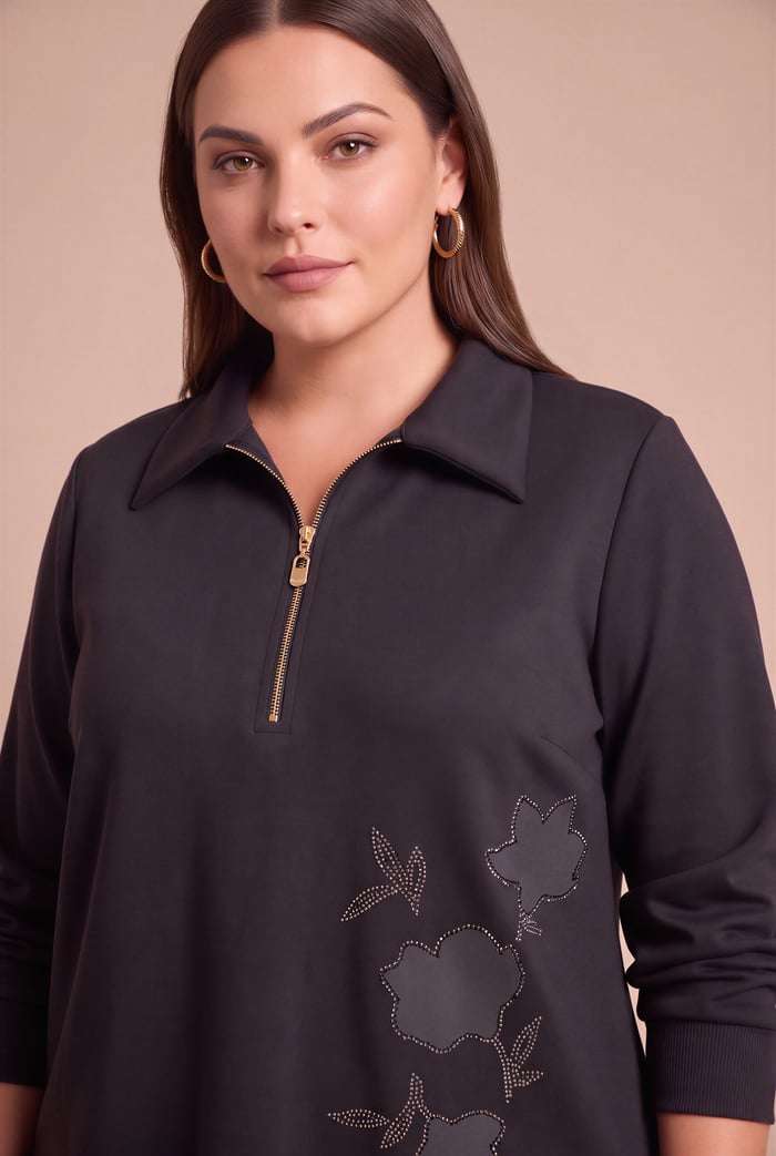 Fermuar Yakalı Taş İşlemeli Büyük Beden Modal Sweatshirt Siyah