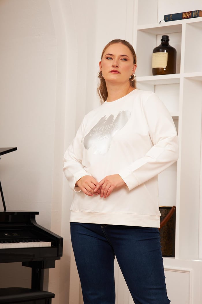 Fırça Deseni Baskılı Büyük Beden Sweatshirt Ekru