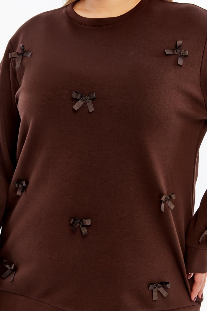 Fiyonk Detaylı Büyük Beden Sweatshirt Kahve
