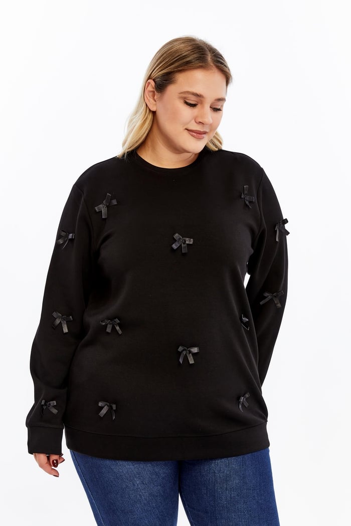 Fiyonk Detaylı Büyük Beden Sweatshirt Siyah