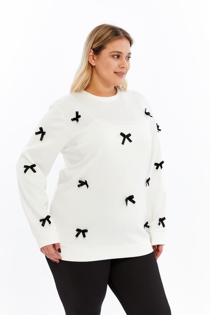 Fiyonk Detaylı Büyük Beden Sweatshirt Ekru