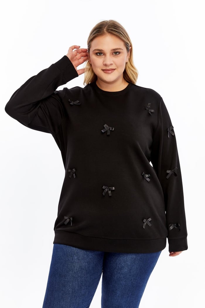 Fiyonk Detaylı Büyük Beden Sweatshirt Siyah