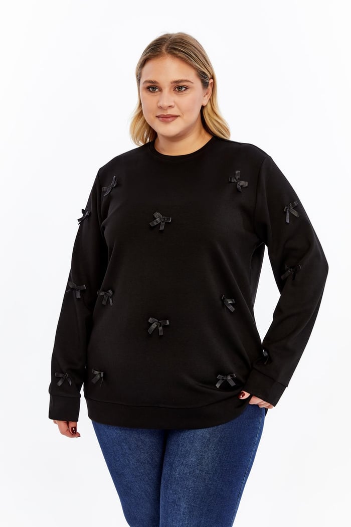 Fiyonk Detaylı Büyük Beden Sweatshirt Siyah
