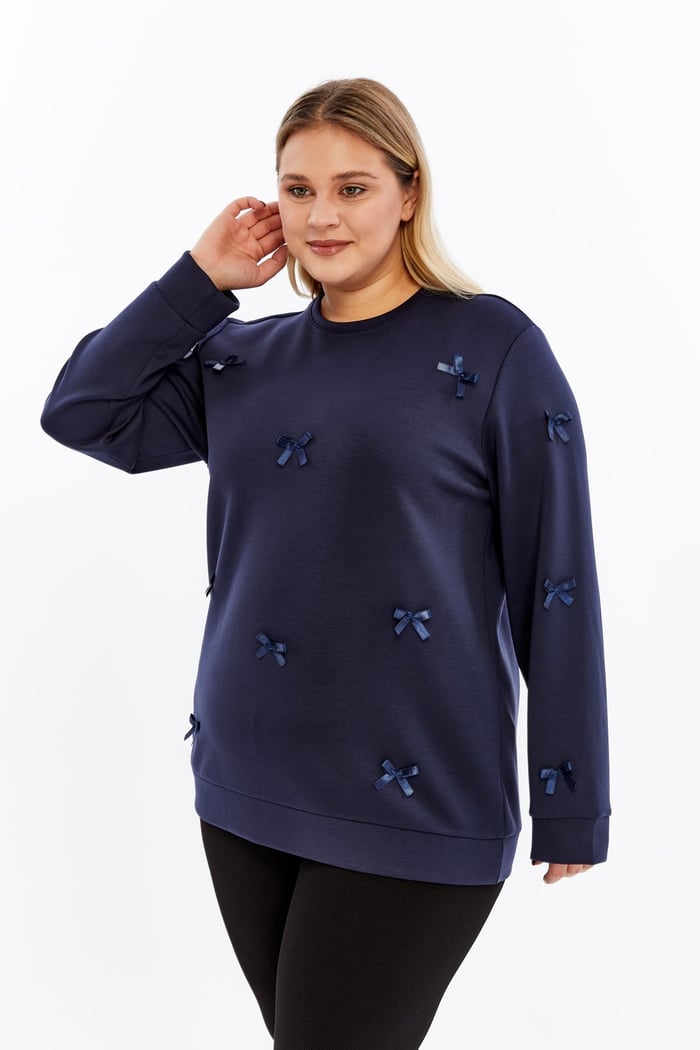 Fiyonk Detaylı Büyük Beden Sweatshirt Lacivert