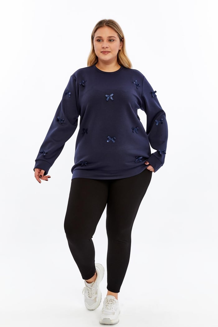 Fiyonk Detaylı Büyük Beden Sweatshirt Lacivert