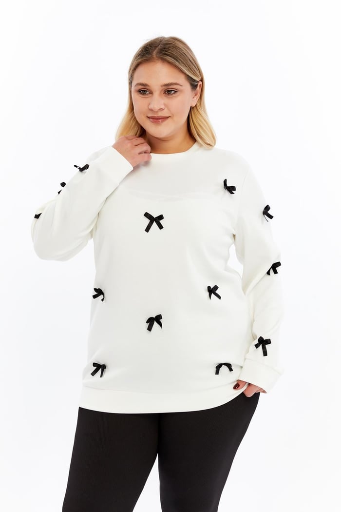 Fiyonk Detaylı Büyük Beden Sweatshirt Ekru