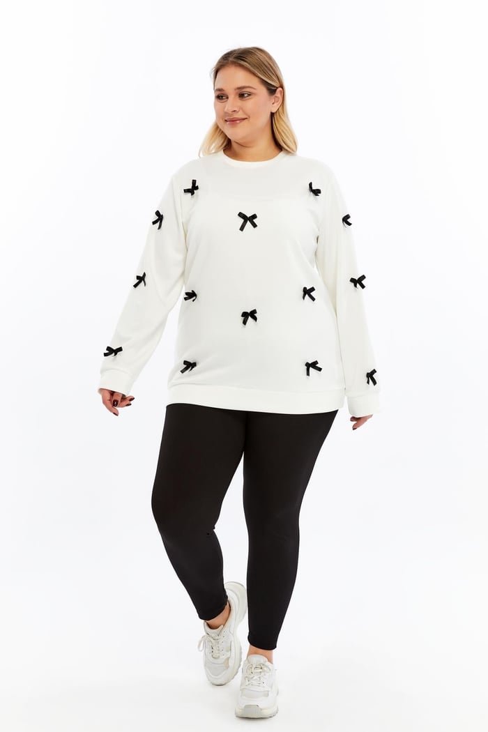 Fiyonk Detaylı Büyük Beden Sweatshirt Ekru