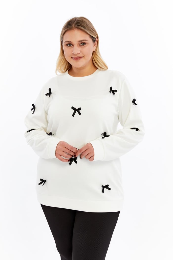 Fiyonk Detaylı Büyük Beden Sweatshirt Ekru