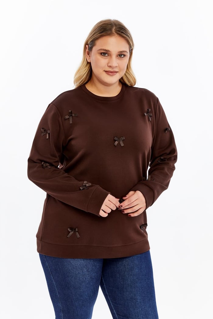 Fiyonk Detaylı Büyük Beden Sweatshirt Kahve