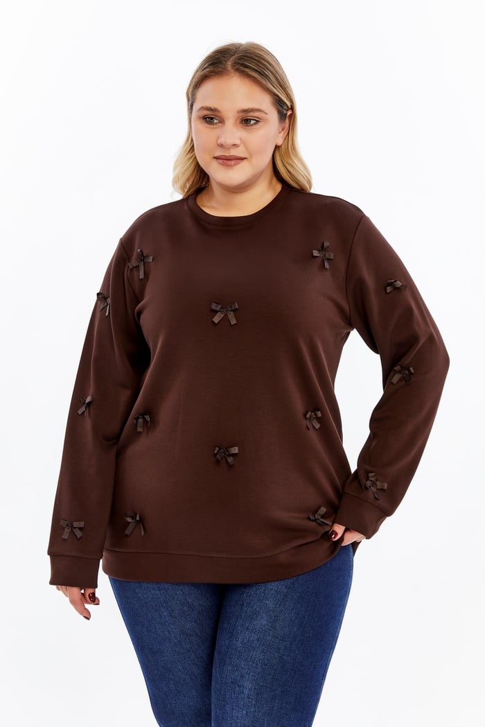 Fiyonk Detaylı Büyük Beden Sweatshirt Kahve