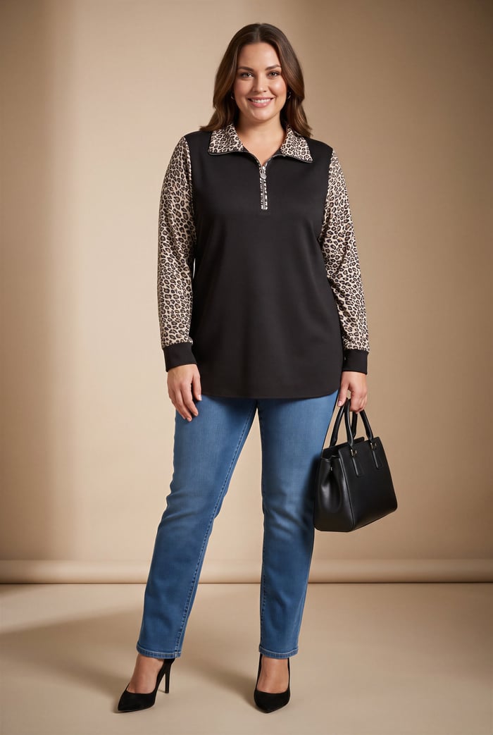 Kol Leopar Desenli Fermuar Yaka Büyük Beden Sweatshirt Siyah - RMG