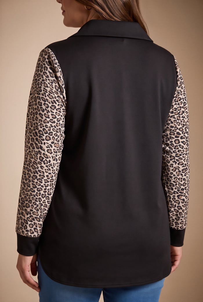 Kol Leopar Desenli Fermuar Yaka Büyük Beden Sweatshirt Siyah - RMG