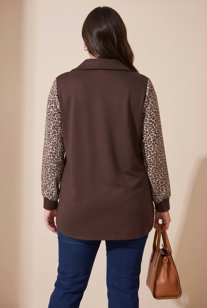 Kol Leopar Desenli Fermuar Yaka Büyük Beden Sweatshirt Kahve - RMG