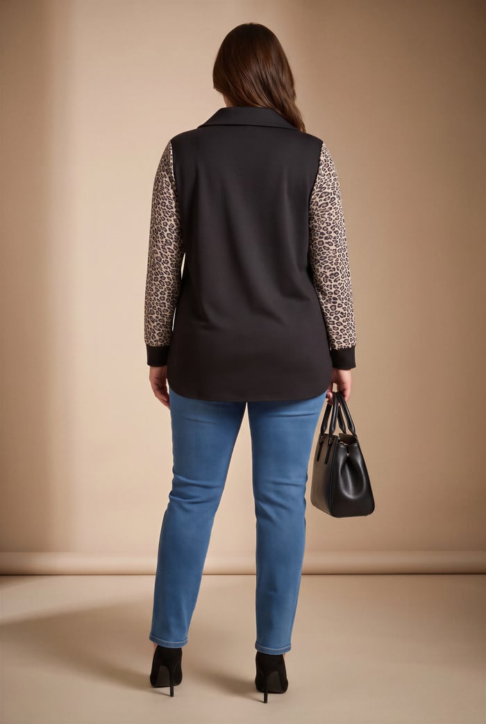 Kol Leopar Desenli Fermuar Yaka Büyük Beden Sweatshirt Siyah - RMG