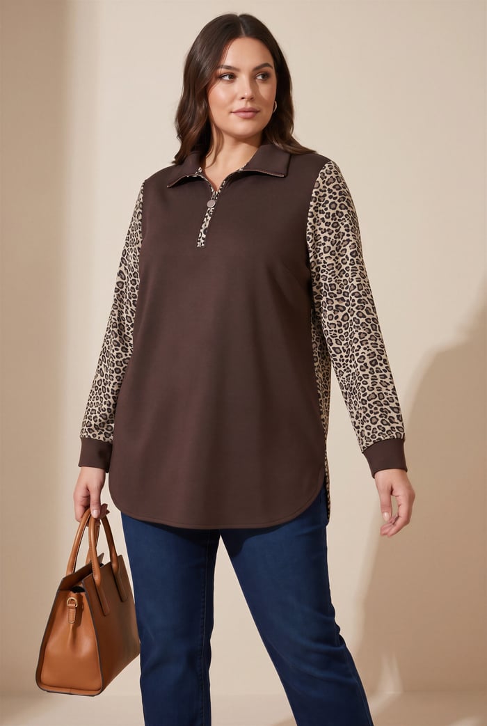 Kol Leopar Desenli Fermuar Yaka Büyük Beden Sweatshirt Kahve - RMG
