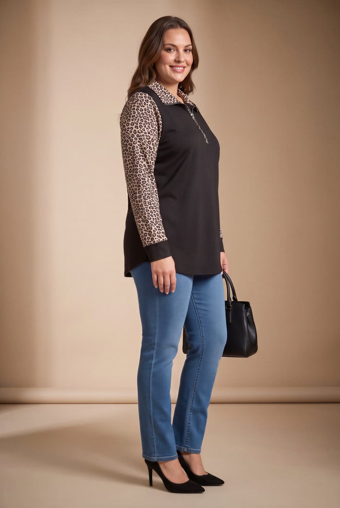 Kol Leopar Desenli Fermuar Yaka Büyük Beden Sweatshirt Siyah - RMG