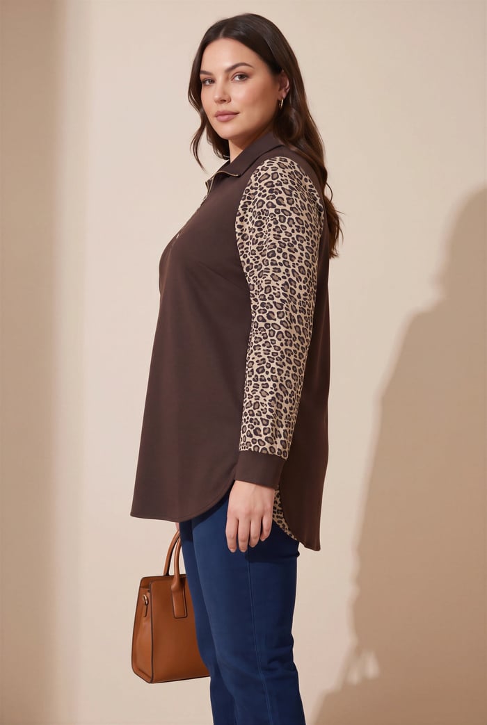 Kol Leopar Desenli Fermuar Yaka Büyük Beden Sweatshirt Kahve - RMG