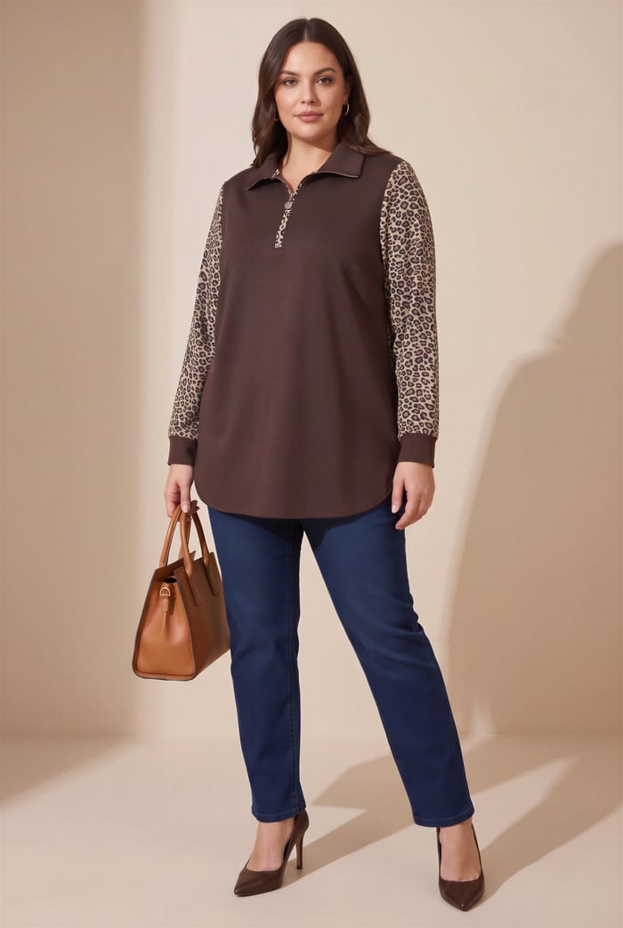 Kol Leopar Desenli Fermuar Yaka Büyük Beden Sweatshirt Kahve - RMG