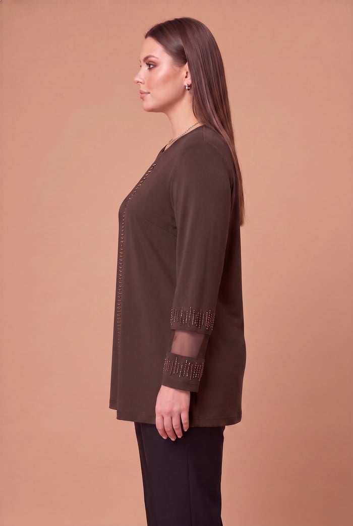 Kol Tül Ve Taş Detaylı Büyük Beden Örme Triko Bluz Kahve - RMG