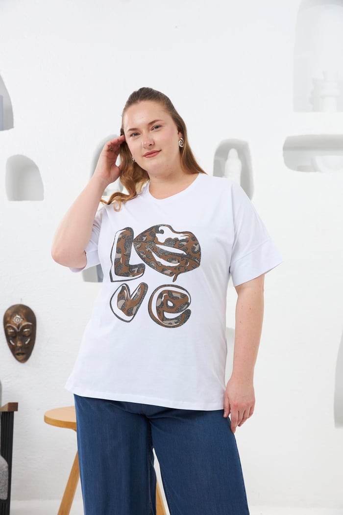 Love Taş Baskılı Büyük Beden Tişört Beyaz