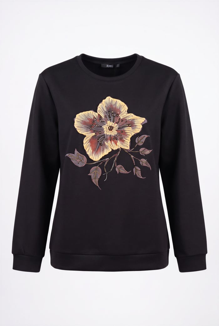 Özel Baskı Detaylı Büyük Beden Örme Modal Sweatshirt Siyah - RMG